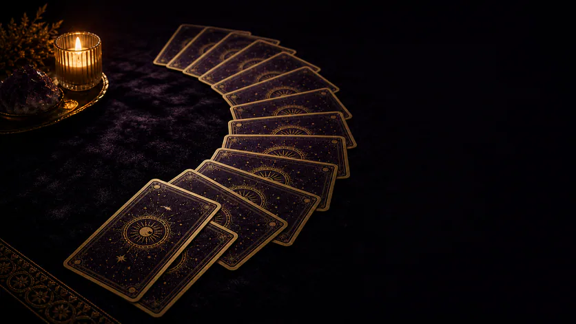 Doze cartas de tarot abertas em arco sobre a mesa